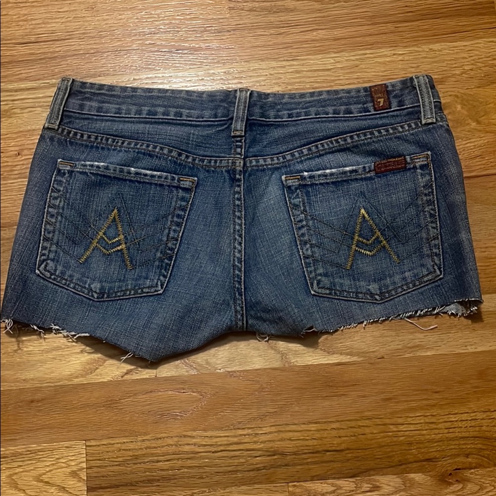 7 For All Mankind Blue Denim Shorts with Gold Stitching